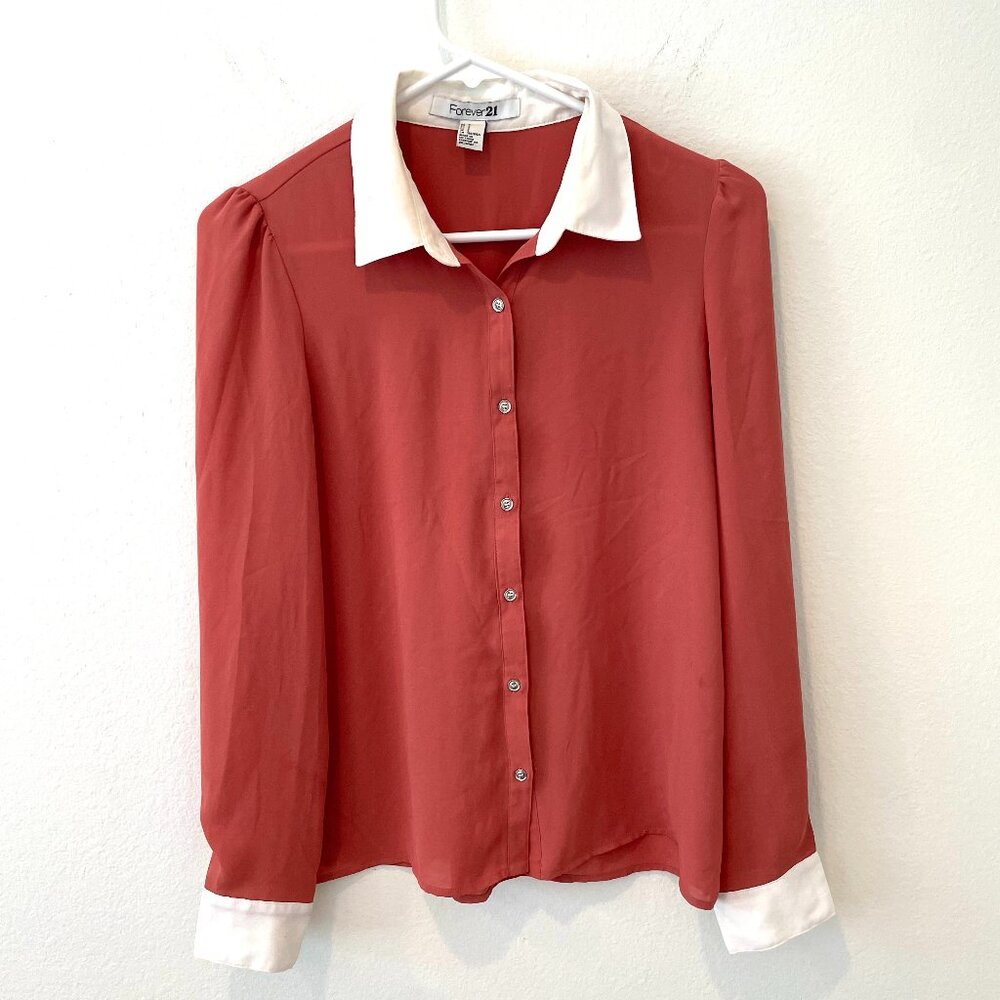 Forever 21 Women's Button Down Blouse  Burgundy/White Collar  Size: S